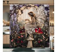 Fairy Shower Curtain, Stained Glass Mushroom Fairy Bathroom Decor, Spring Summer Magical Waterproof Fabric Shower Curtain Set with Hooks 72x78 Inch