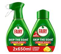 Fairy Skip the Soak Dish Spray Kit, Lemon, 1.3L (650ml Spray + Refill), 100% Grease Removal for Dishes & Surfaces