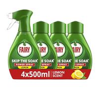 Fairy Skip the Soak Dish Power Spray Refill Lemon 4x500ml, Pre-Treatment Spray For Dishes & Kitchen, Effective On 100% Kitchen Grease, Anti Grease Remover, Degreaser Spray, Fast & Effortless Clean