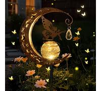 Fairy Solar Lights Outdoor Garden Ornaments, IP65 Waterproof Solar Moon Light Crackle Glass Ball, Warm White LED Metal Stake Lights for Pathway Lawn Patio Balcony Decorations
