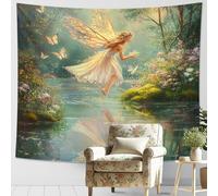 Fairy Spring Green Tapestry, Butterflies Floral Bohemian Wall Hanging, Magical Tapestries Aesthetic for Bedroom, Living Room, Dorm, Nature-Inspired Decor 80x60 Inch