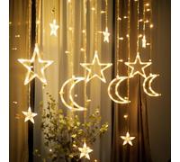 Fairy String LED Lights, Stars and Moon Window Curtain Lights Battery Powered, 3.5m/11.5ft 138 LED Indoor Outdoor Ramadan Christmas Festival Party Garden Home Birthday Decoration Light, Warm White