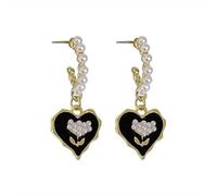 Fairy style simple heart earrings, Korean version, temperament black pearl