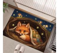 Fairy Tale Animal Picture Books Door Mat Indoor Rugs For Entryway | Fox Fireflies Patchwork Small Area Rugs, 50X80Cm Washable Non-Slip Low-Pile Carpet For Bedroom Front Door Entrance, Dark Brown