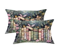 Fairy Tale Book Themed Pillow Covers Set of 2, Watercolor Floral Design Throw Cushion Covers, Enchanted Garden Decorative Pillows for Cozy Home Living Room Sofa 20x12 Inch