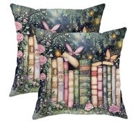 Fairy Tale Book Themed Pillow Covers Set of 2, Watercolor Floral Design Throw Cushion Covers, Enchanted Garden Decorative Pillows for Cozy Home Living Room Sofa 16x16 Inch