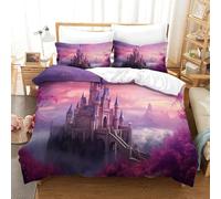 Fairy Tale Castle 3D Print Bedding Set Pink Purple Wonderland with Hidden Zipper And Pillow Casesfor Kid Teens Boys And Girls Double(200x200cm)