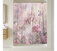 Fairy Tale Castle Shower Curtain, Peach Floral Bathroom Set Decor, Spring Summer Fanciful Waterproof Fabric Shower Curtain with Hooks 54x78 Inch