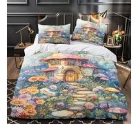 Fairy Tale Cottage 3D Digital Print Duvet Cover 3-Piece Ultra-Soft Microfiber Durable Whimsical Fantasy Comforter Cover 2 Pillowcases Hidden Zipper Machine Washable Kids Teens King（220x240cm）