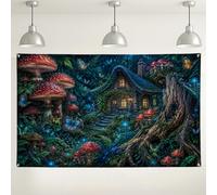 Fairy Tale Forest Backdrop, Enchanted Mushroom Cottage Decorative Background, Magical Nature Scene for Photography Events, Garden Party, Autumn Theme 71x43 Inch
