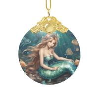 fairy tale mermaid04 print Golden Glass Round Pendant - fit for holiday decoration, home and office decor