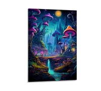 Fairy Tale Mushroom Castle Painting on Canvas Wall Art Fantasy Moon River Botanical Vintage Stretched And Framed Canvas Prints Artwork for Home Decorations Ready to Hang Wall Decor 08x12inch(20x30cm)