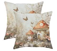 Fairy Tale Mushroom Pillow Covers Set of 2, Earthy Orange Cottage Floral Throw Pillows, Enchanted Garden Decorative Rustic Cushion Covers for Home Couch Sofa Bed 18x18 Inch