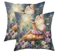 Fairy Tale Pillow Covers Set of 2, Butterfly Fairy Print Throw Pillows Case, Floral Decorative Square Cushion Covers for Home Living Room Bedroom Couch 18x18 Inch