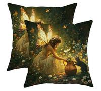 Fairy Tale Pillow Covers Set of 2, Enchanted Forest Girl and Cat Decor Throw Pillows, Magical Floral Fantasy Cushion Covers for Couch Bed Home Decor 20x20 Inch