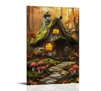 Fairy Tale Rustic Cabin Wall Art, Cóttagecore Enchanted Forest Stone House Path Mushrooms Oil Painting Artwork Hanging Paintings Poster, Cozy Home Decor for Living Room Entryway 16x24inch(40x60cm)