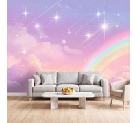 Fairy Tale Starry Sky Children Young Girl Photo Wallpaper 400 x 280 cm | Wall Mural Decorative Background Pink-Purple Sky Rainbow for Living room Bedroom Kitchen Office Kids Room