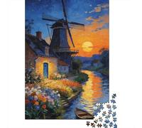 Fairy Tale Town 1000 Pc Cardboard DIY Windmill Dusk Hut Jigsaw 12+, Challenging Family Game, Stress Relief, Vibrant Colours & Leisure Decor 70x50cm/1000pcs