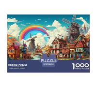 Fairy Tale Windmill Village 1000 Piece Jigsaw Puzzle Paper for Adults Rainbow Sky Puzzle Game for Family Home Decor Relaxing Gift 38x26cm/1000pcs 38x26cm/1000pcs