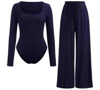 FAIRY TRENDZ Ladies Square Neck Bodysuit Trouser Set Womens Long Sleeve Ribbed Bodysuit & Elastic Wide Leg Trouser 2 Piece Set Stretch Leotard Top Palazzo