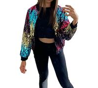 FAIRY TRENDZ LTD Ladies Sequin Glitter Multicolored Rainbow Zip Up Bomber Jacket Summer Festival Party Jacket Coat Top Size 8-18 (rainbow UK 12-14)