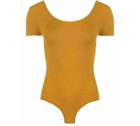 FAIRY TRENDZ LTD Ladies Stretch Bodysuit Top Womens Cap Sleeve Plain Round Neck Stretch Fitted Leotard(Mustard UK 8-10)
