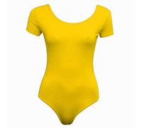 FAIRY TRENDZ LTD Ladies Stretch Bodysuit Top Womens Cap Sleeve Plain Round Neck Stretch Fitted Leotard(Yellow UK 12-14)