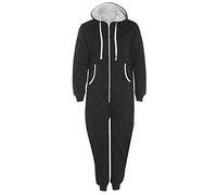 FAIRY TRENDZ LTD Mens Plain Zipper Onesie Unisex Onepiece All in One Hooded Zip Up Overall Jumpsuit Playsuit (Black 2X Large)
