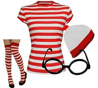 FAIRY TRENDZ LTD Mens Womens Red and White Stripe T-Shirt Hat Glasses Socks Set Kids 3 Piece Set Book Week Fancy Dress Party Set (T Shirt+Hat+Glasses+Socks Large)