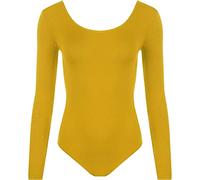 FAIRY TRENDZ LTD Women Stretch Bodysuit Long Sleeve Top Ladies Plain Scoop Neck Leotard Body Top T Shirt(Yellow UK 12-14)