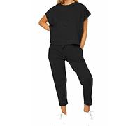 FAIRY TRENDZ LTD Womens 2pcs Loungewear Pullover Tracksuit Ladies Tops and Jogger Summer Drawstring Pants Outfits Bottom Short Sleeve Suit Casual Set(Black Round Neck UK 16-18)