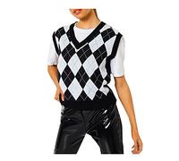 FAIRY TRENDZ LTD Womens Black Check Sleeveless Knitted Top Vest Casual V Neck Sleeveless Autumn Winter Jumper Pullover Sweater (Black 12-14)