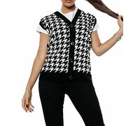 FAIRY TRENDZ LTD Womens Black Dogtooth Sleeveless Top Vest Sweater Casual V Neck Sleeveless Autumn Winter Cardigan Knitted Loose Tops (Black 12-14)