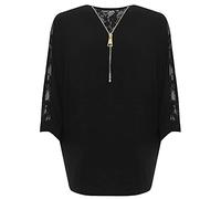 FAIRY TRENDZ LTD Womens Floral Lace Back Batwing Sleeve Chiffon Top Ladies Zip V Neck Crepe Top Plus Size Blouse (Black UK 18)