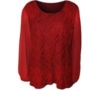 FAIRY TRENDZ LTD Womens Floral Lace Chiffon Mesh Top Ladies Long Sleeve Party Blouse Plus Size UK 14-28 (Wine UK 20)