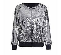 FAIRY TRENDZ LTD Womens Glitter Long Sleeve Zipper Sequin Bomber Jacket Ladies Night Club Dance Biker Jacket Silver UK 12-14