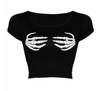 FAIRY TRENDZ LTD Womens Halloween Hands Skeleton Crop Top Ladies Crew Neck Scary Fingers Printed Mini Shirt (Black UK 12-14)