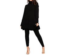 FAIRY TRENDZ LTD Womens High Polo Neck Frill Knitted Tracksuit Ladies Long Sleeve Loungewear Suit Set (Black UK 14)
