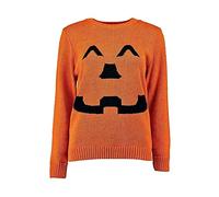 FAIRY TRENDZ LTD Womens Horror Face Knitted Jumper Ladies Halloween Sweater Long Sleeve Scary Party Top Size UK 8-22 (Orange UK 12-14)