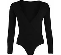 FAIRY TRENDZ LTD Womens Ladies Cross Wrap Over V Neck Plunge Bodysuit Long Sleeve Plain Stretch Leotard Top (Black 8-10)