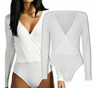 FAIRY TRENDZ LTD Womens Ladies Cross Wrap Over V Neck Plunge Bodysuit Long Sleeve Plain Stretch Leotard Top (White 20-22)