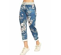 FAIRY TRENDZ LTD Womens Ladies Italian Floral Rose Printed Turn Up Trousers Capri Trouser Pants Denim Jeans (Floral Dark Denim UK 16-18)