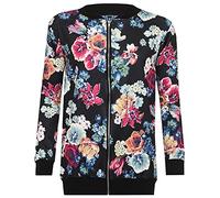 FAIRY TRENDZ LTD Womens Lightweight Zip Up Floral Bomber Jacket Ladies Plus Size Long Sleeve Rose Print Jacket Coat (Black/Multi Floral UK 20)