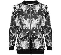 FAIRY TRENDZ LTD Womens Lightweight Zip Up Floral Bomber Jacket Ladies Plus Size Long Sleeve Rose Print Jacket Coat (Black UK 16)
