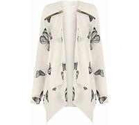 FAIRY TRENDZ LTD Womens Long Sleeve Chiffon Butterfly Print Asymmetric Zipped Shoulder Sheer Mesh Drape Open Front Waterfall Cardigan (Off-White UK 16)