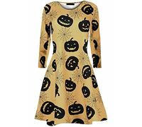 FAIRY TRENDZ LTD Womens Long Sleeve Halloween Skull Swing Dress Ladies Crew Neck Printed Horror Parties Dress (Mustard Pumpkin UK 12-14)