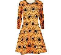 FAIRY TRENDZ LTD Womens Long Sleeve Halloween Skull Swing Dress Ladies Crew Neck Printed Horror Parties Dress (Spider Orange UK 12-14)