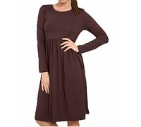 FAIRY TRENDZ LTD Womens Long Sleeve Plain Midi Dress Ladies Flared Skater Swing Dress Pleated Jersey Dress (Brown UK 12-14)