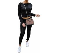 FAIRY TRENDZ LTD Womens Long Sleeve Scoop Neck Loungewear Ladies Two Piece Cable Knitted Co ord Set Tracksuit (Black UK 12-14)