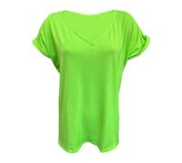 FAIRY TRENDZ LTD Womens Oversize Fit V Neck Top Ladies Baggy Plus Size Batwing Turn Up Sleeve Casual T-Shirt Sizes 8-26 Neon Green